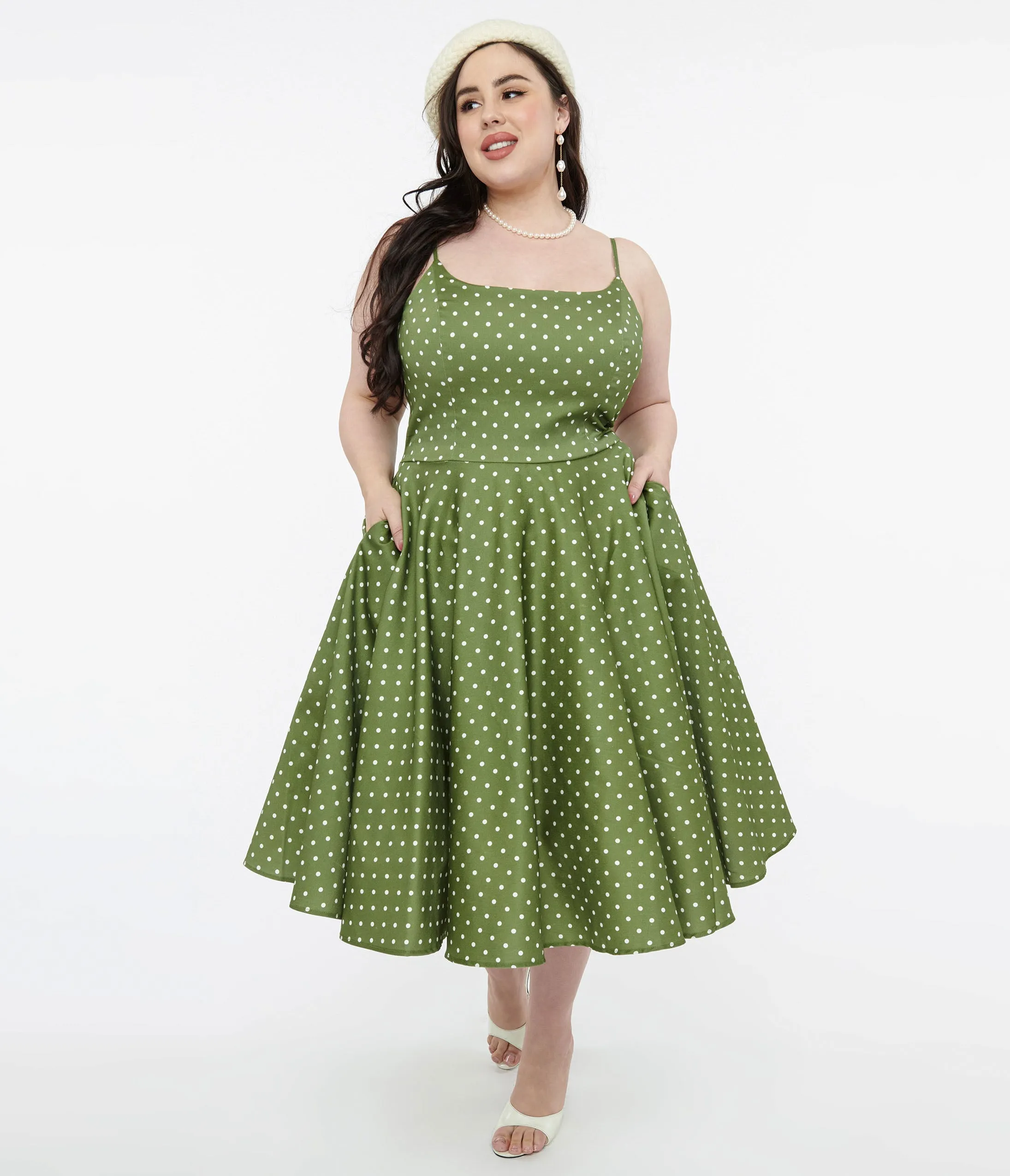 1950s Olive Green & White Polka Dot Peggy Cotton Swing Dress