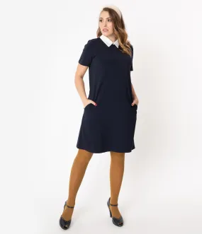 1960s Style Navy & Ivory Collar Shift Dress