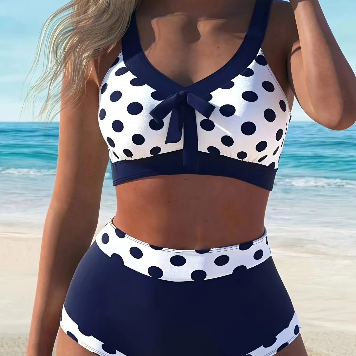 2 Piece Polka Dots Print Knotted Retro Style High Stretch Polyester Bikini Swimsuits for Women - Machine Washable, Customized Knit Fabric, Random Printing - Perfect for Swimwear & Beachwear