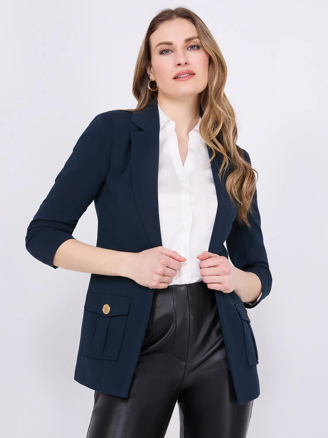 3/4 Ruched Sleeve Crepe Blazer