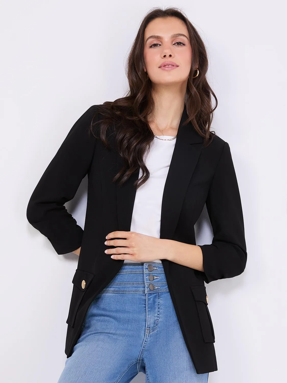 3/4 Ruched Sleeve Crepe Blazer