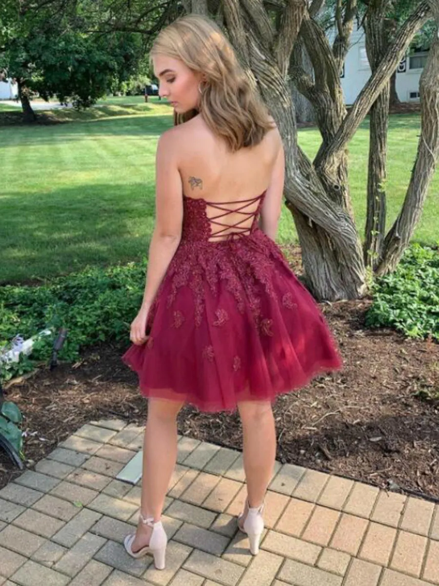 A Line Halter Neck Cross Back Burgundy Lace Short Prom Homecoming, Burgundy Lace Formal Graduation Evening