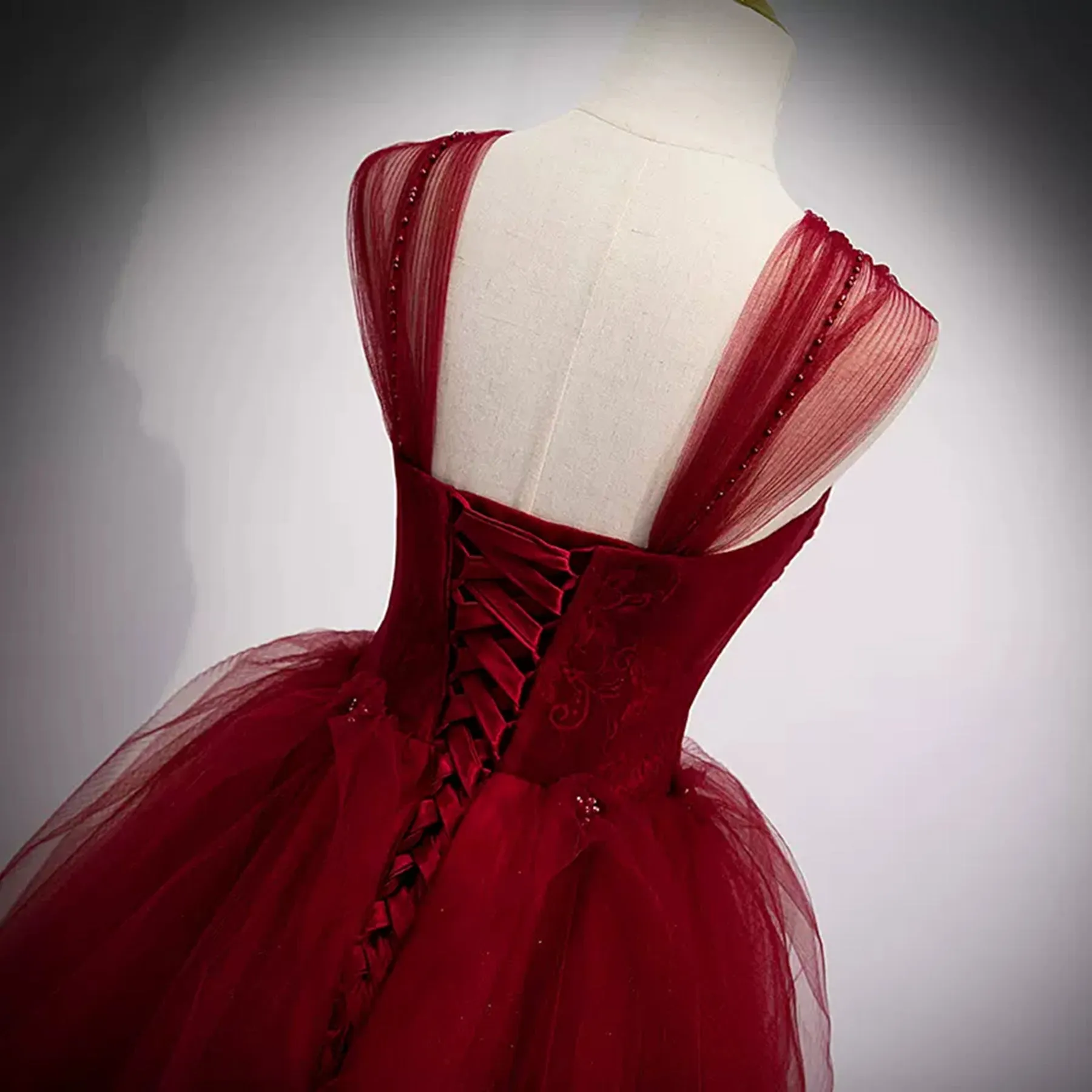 A Line Spaghetti Straps Beaded Burgundy Tulle Long Prom Dresses, Long Burgundy Formal Evening Dresses A1865