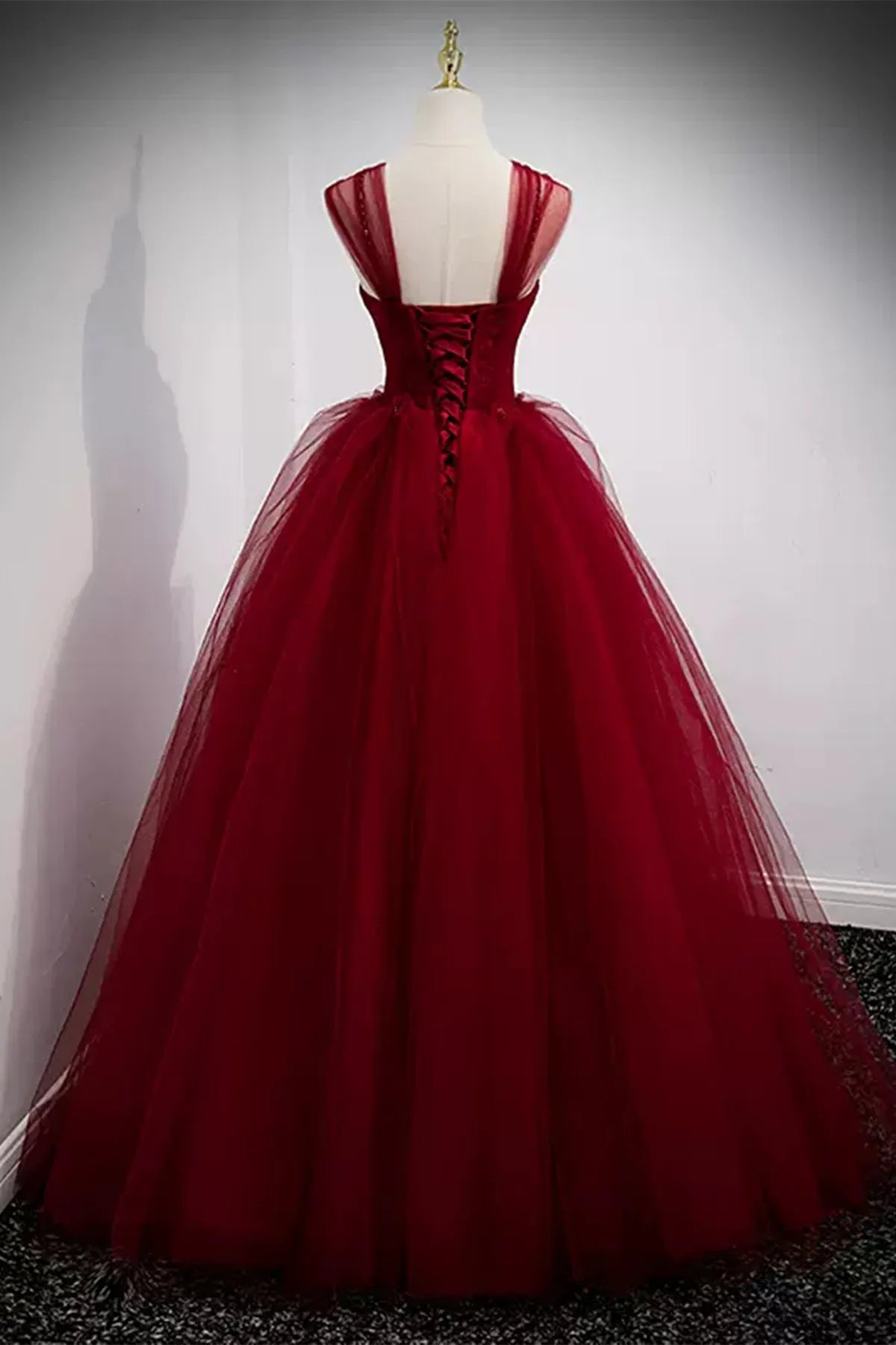 A Line Spaghetti Straps Beaded Burgundy Tulle Long Prom Dresses, Long Burgundy Formal Evening Dresses A1865