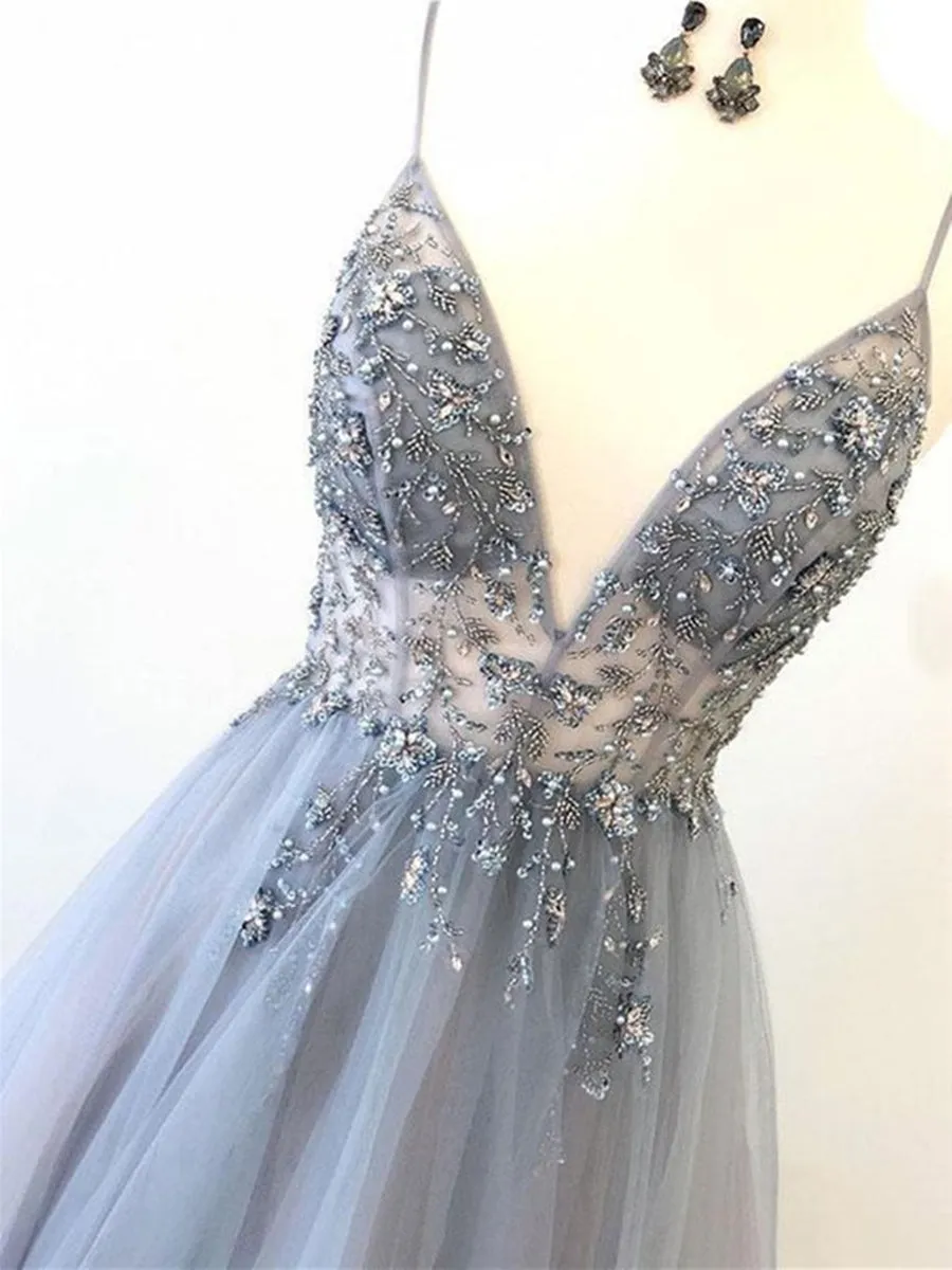 A Line V Neck Silver Grey Tulle Beaded Long Prom, Silver Grey Beaded Formal Graduation Evening