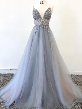 A Line V Neck Silver Grey Tulle Beaded Long Prom, Silver Grey Beaded Formal Graduation Evening