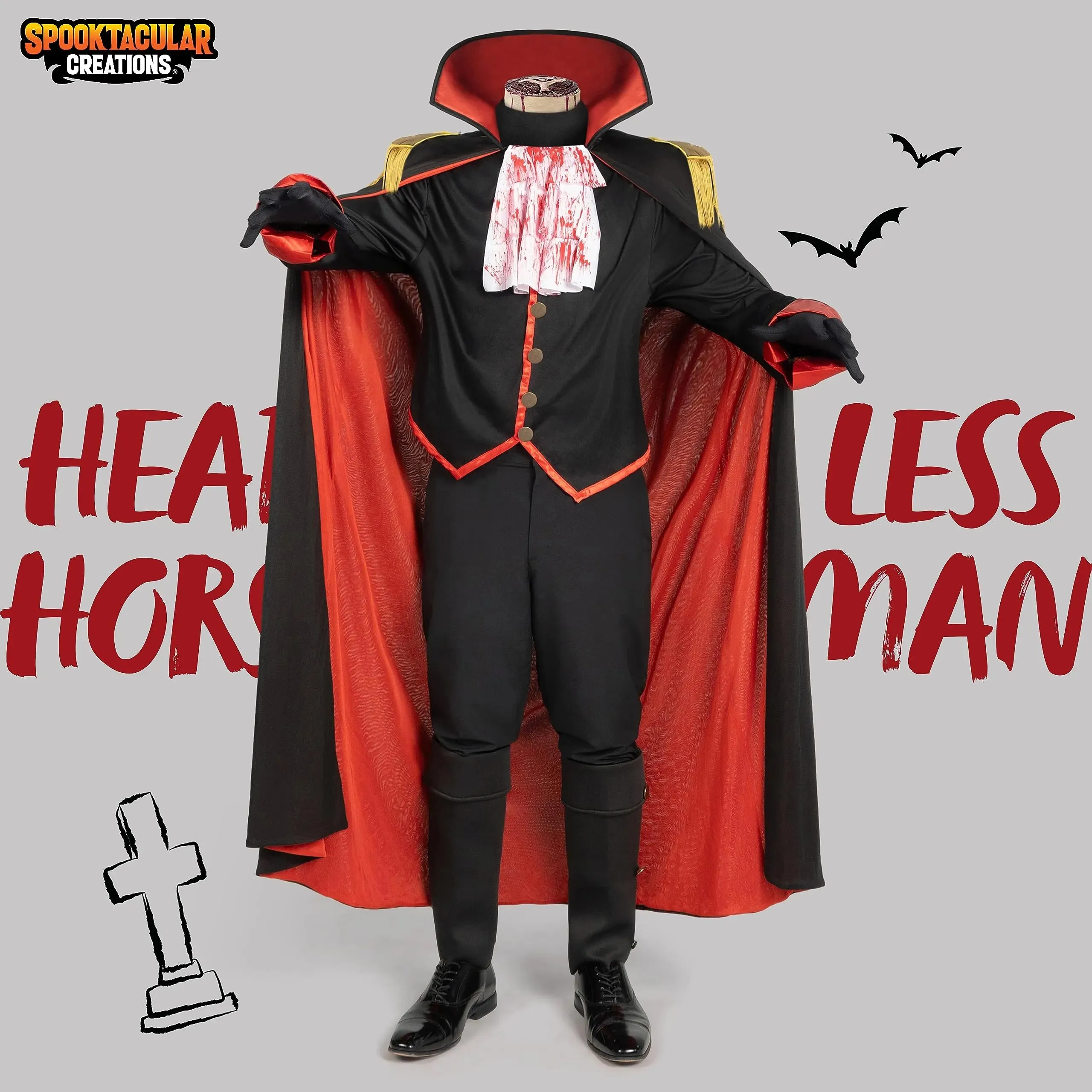 Adult Black Headless Horseman Costume Set, includes Vest with Cape, Hood, Boot Covers, Gloves