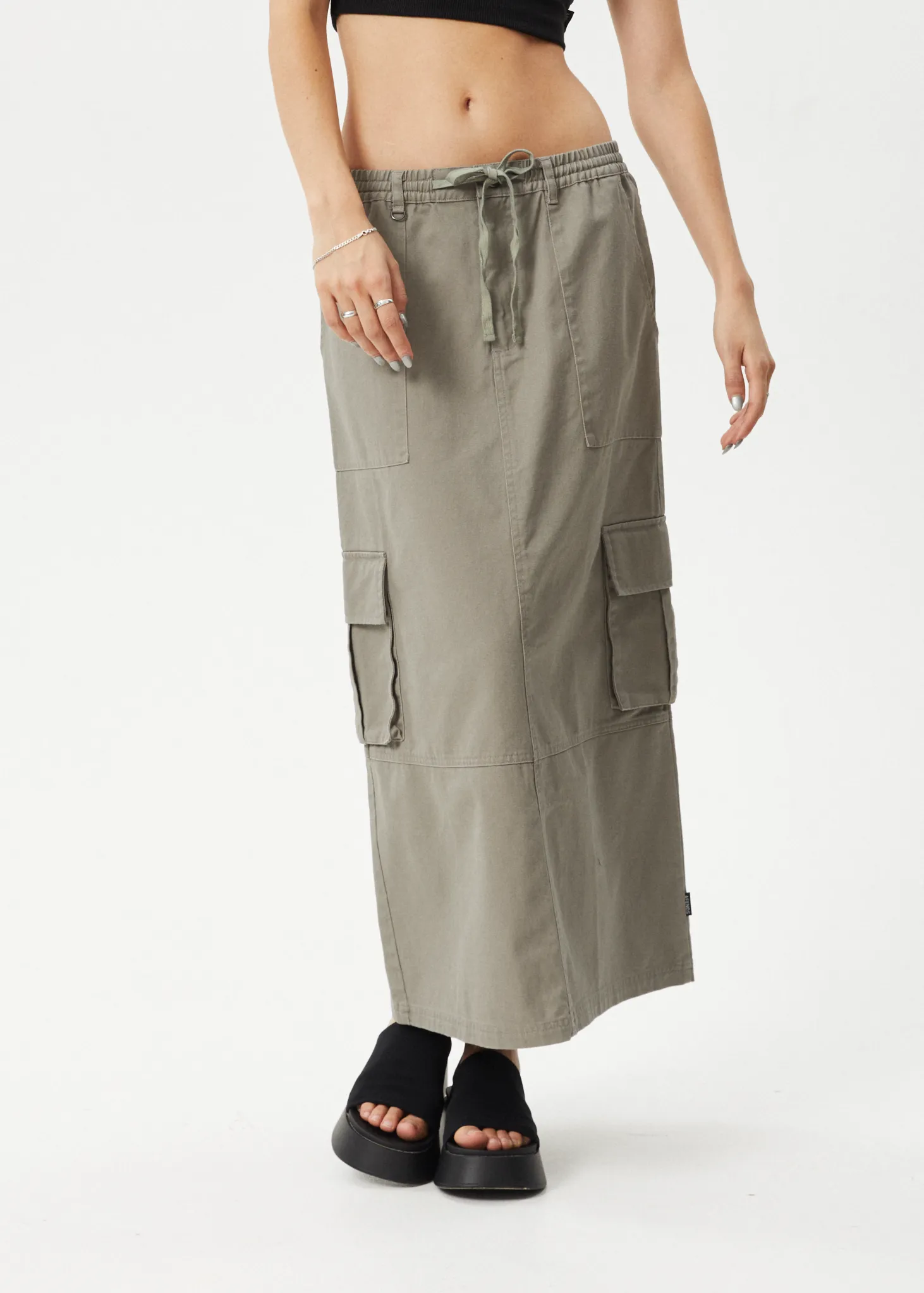 AFENDS Womens Tasman - Cargo Maxi Skirt - Grey Olive