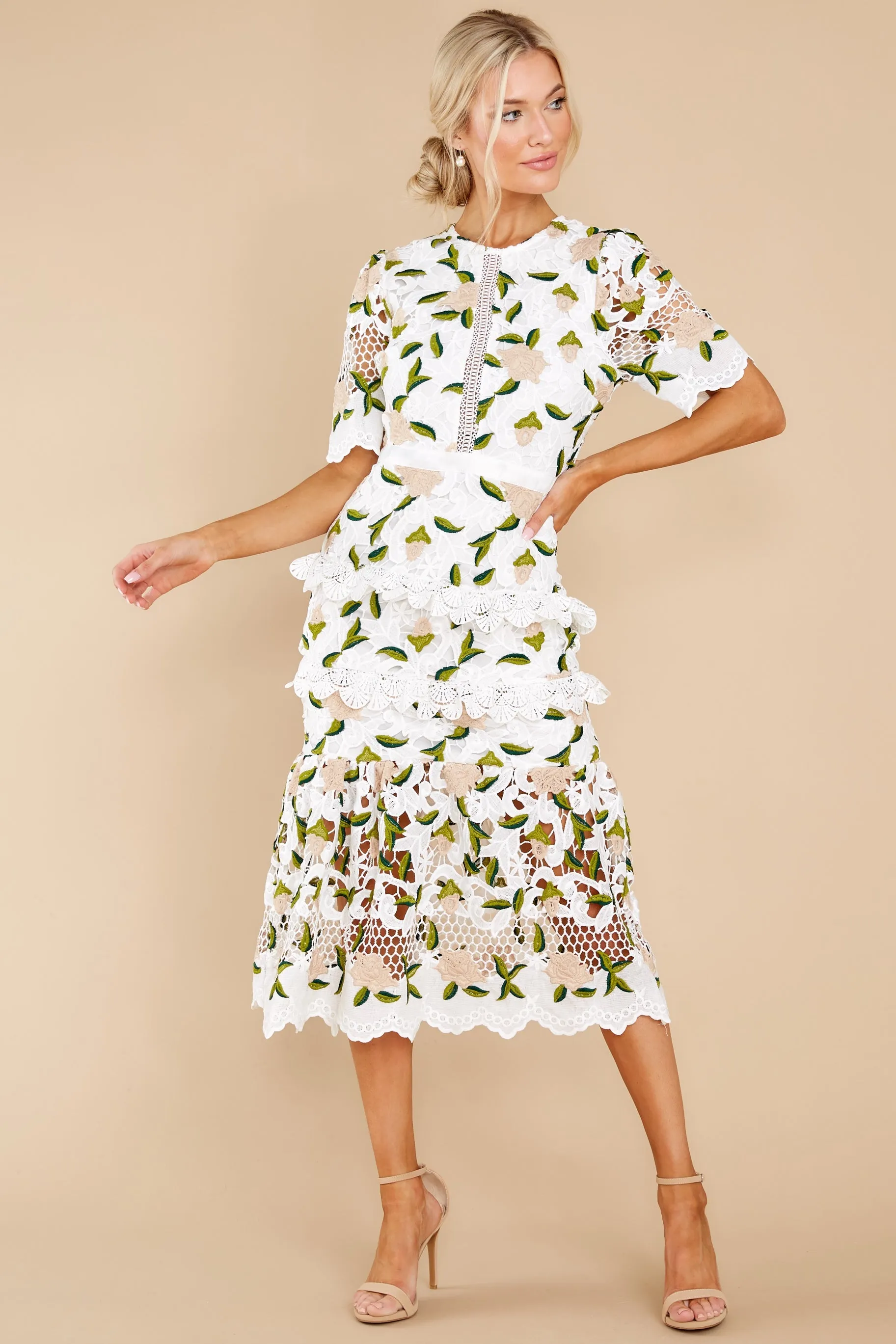 All I Wanted Tan Floral Lace Midi Dress