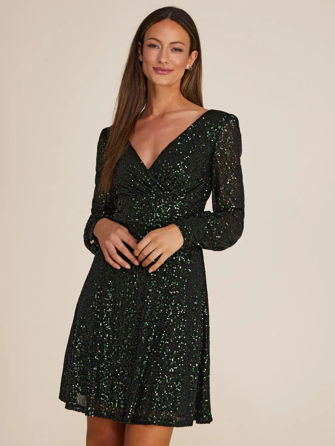 Allover Sequin Long Sleeve Mini Fit & Flare Dress