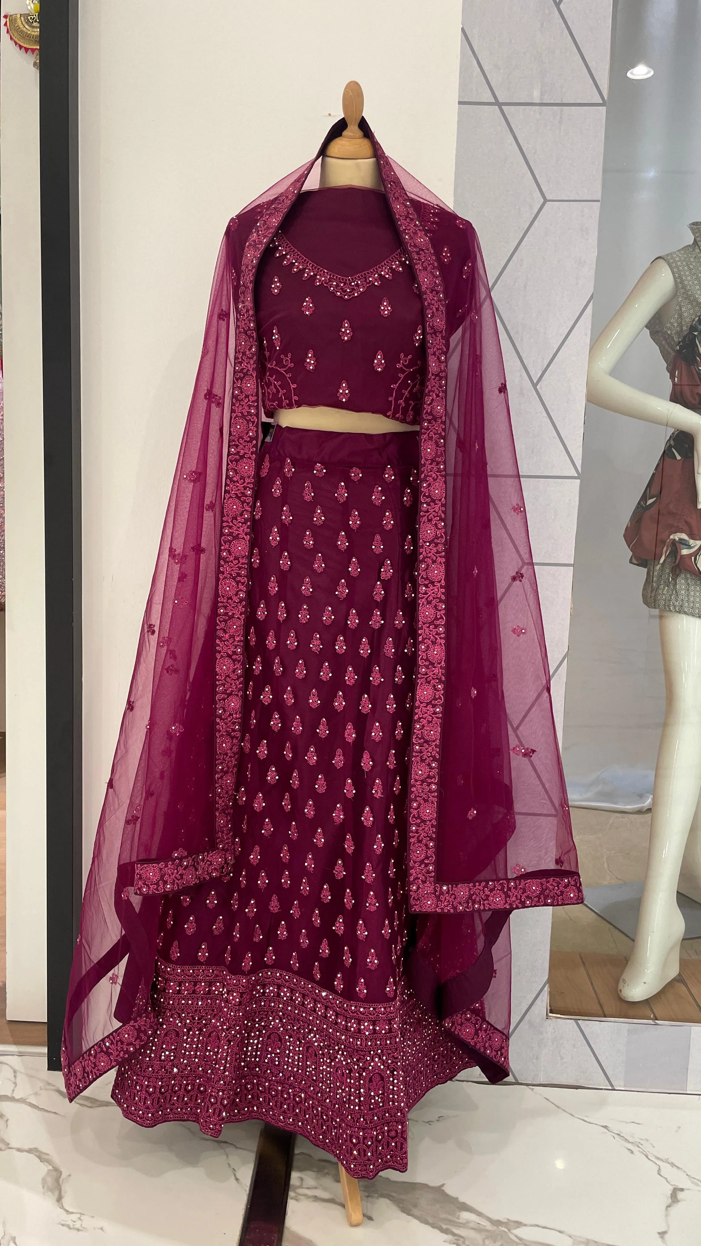 Amani Wine Monochromatic Satin and Net Lehenga Set (Unstitched)