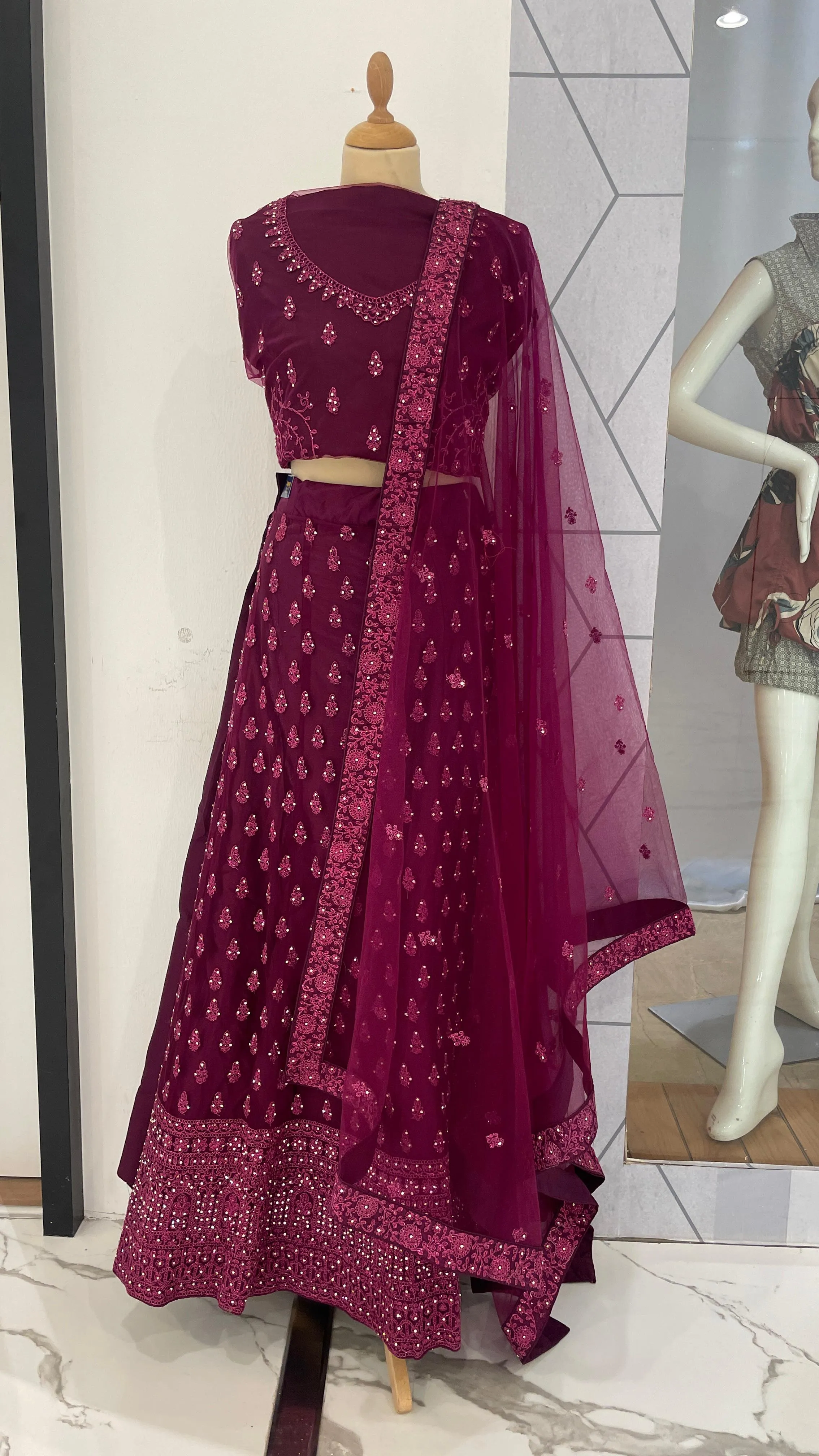 Amani Wine Monochromatic Satin and Net Lehenga Set (Unstitched)