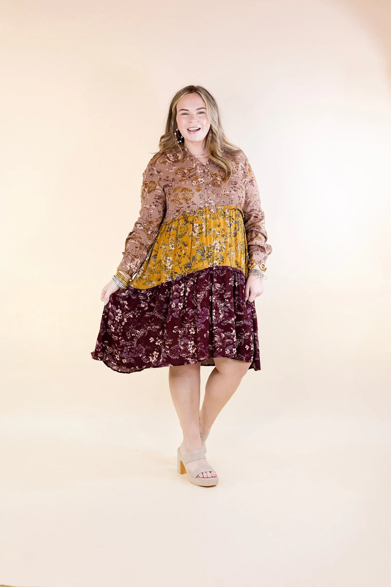 Among the Flowers Floral Ruffle Tier Long Sleeve Dress in Taupe, Mustard, and Burgundy