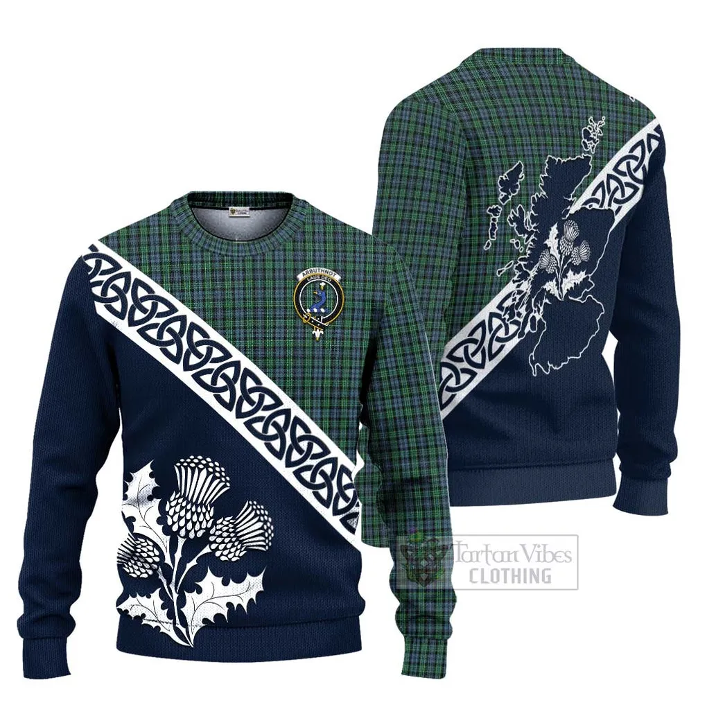 Arbuthnot Tartan Ugly Sweater Featuring Thistle and Scotland Map