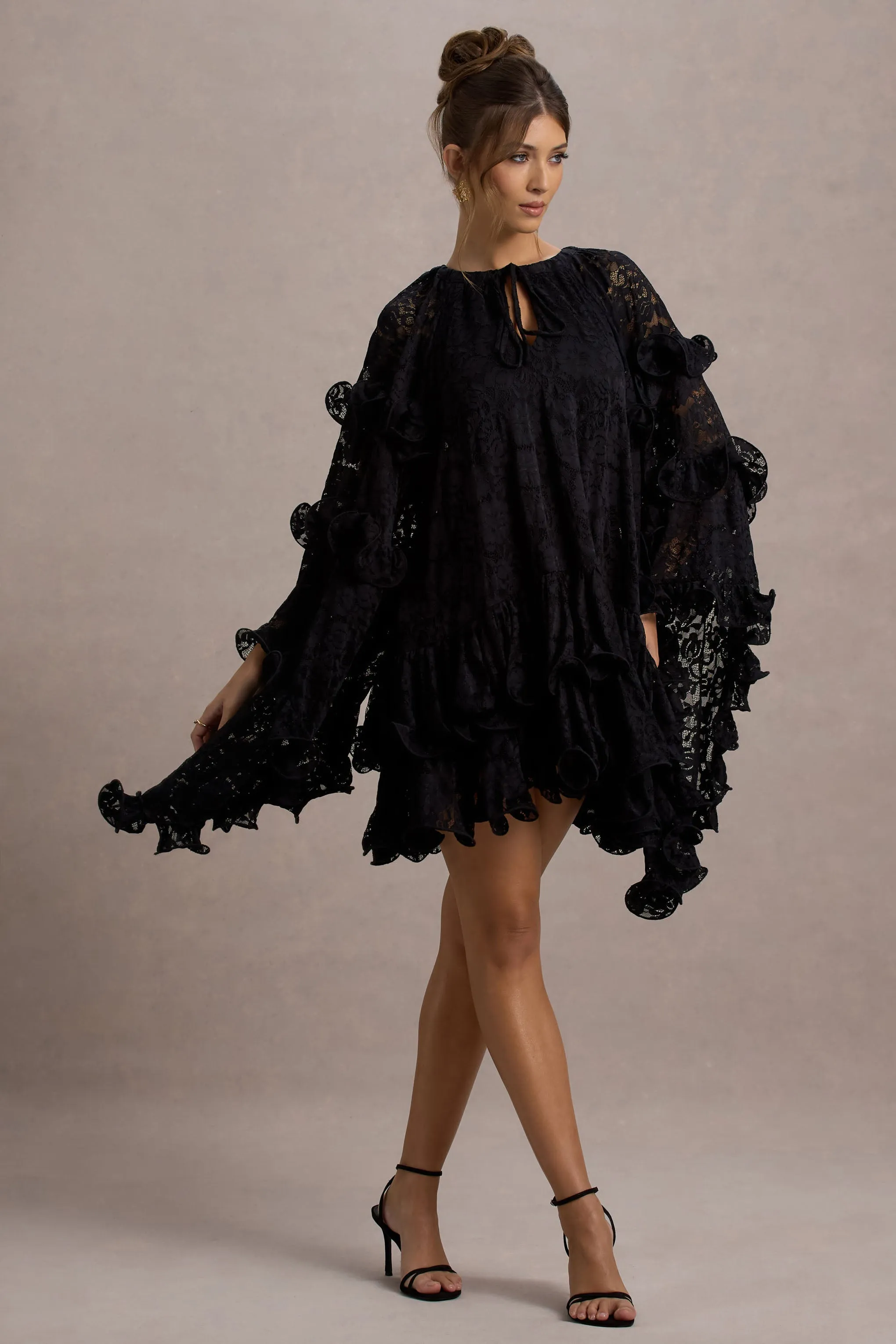 Arlington | Black Lace Cape-Sleeve Mini Dress