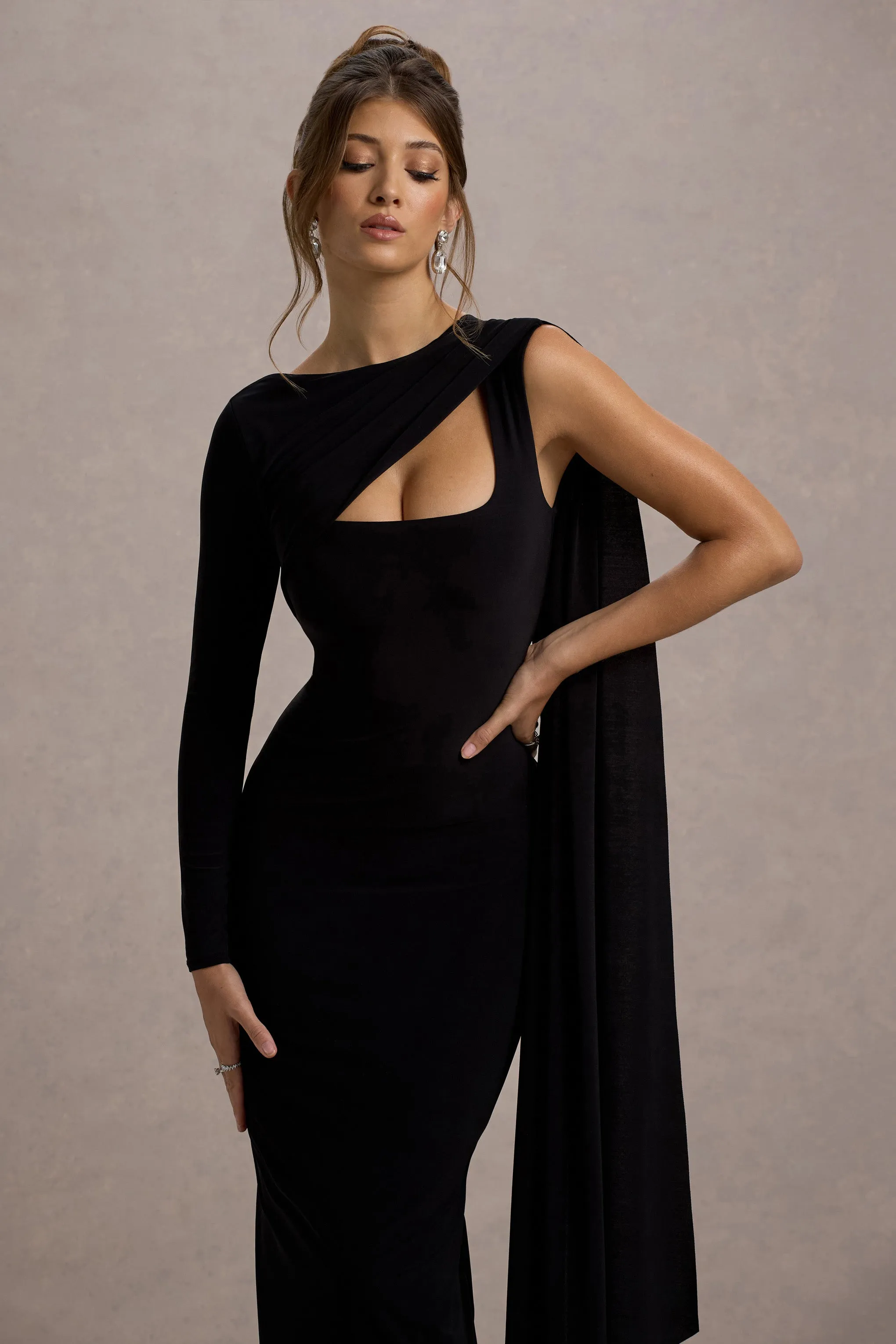 Ashini | Black One-Sleeve Maxi Dress With Cape