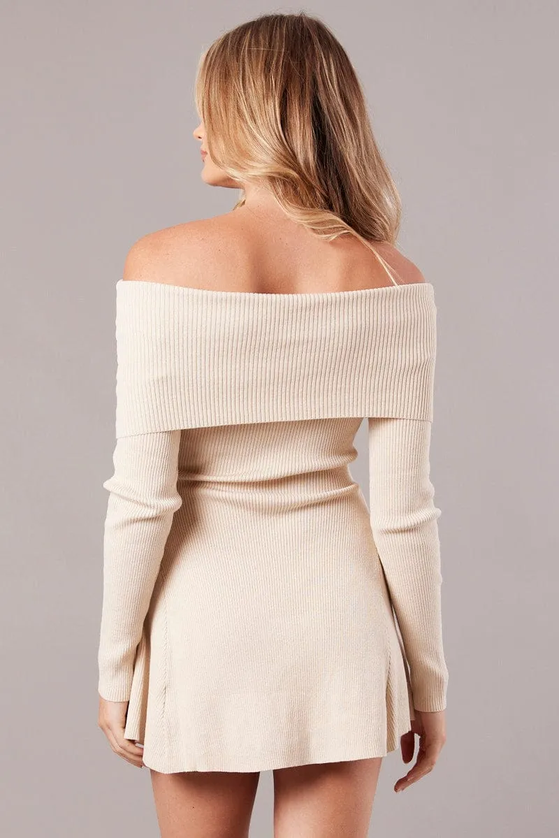 Beige Knit Dress Long Sleeve Off Shoulder