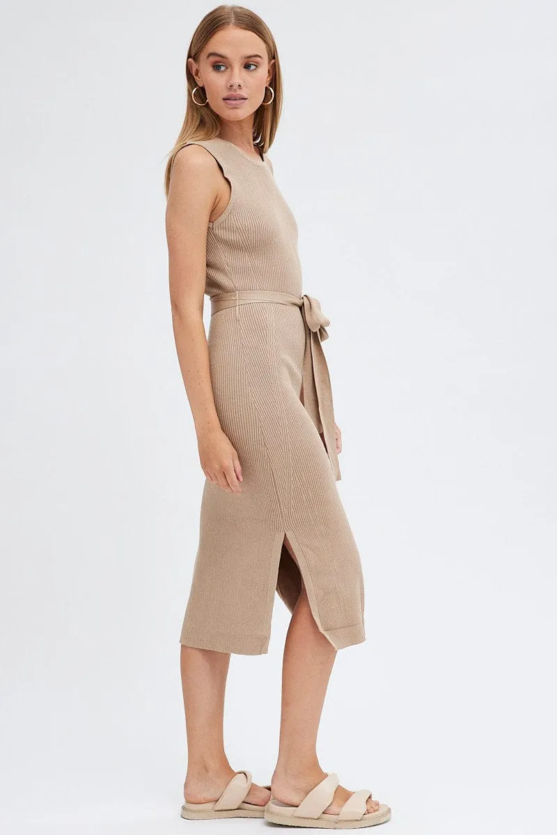 Beige Knit Dress Sleeveless Round Neck Belted Midi