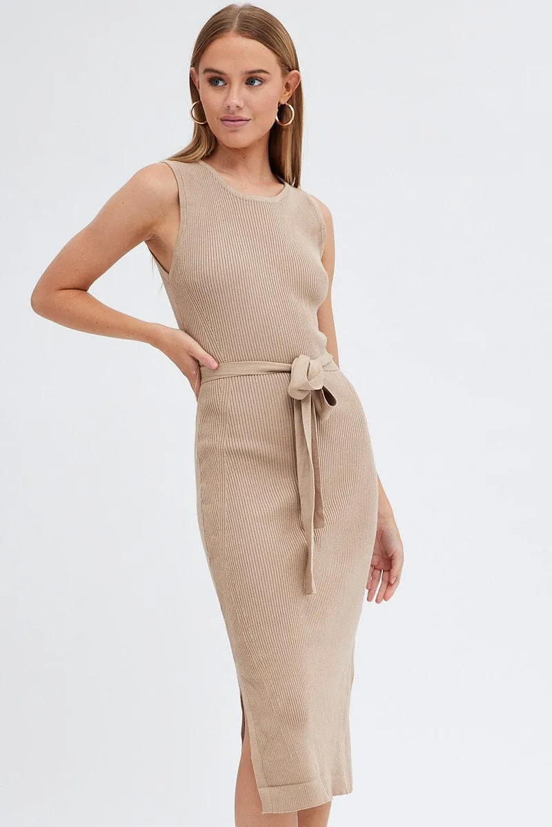 Beige Knit Dress Sleeveless Round Neck Belted Midi