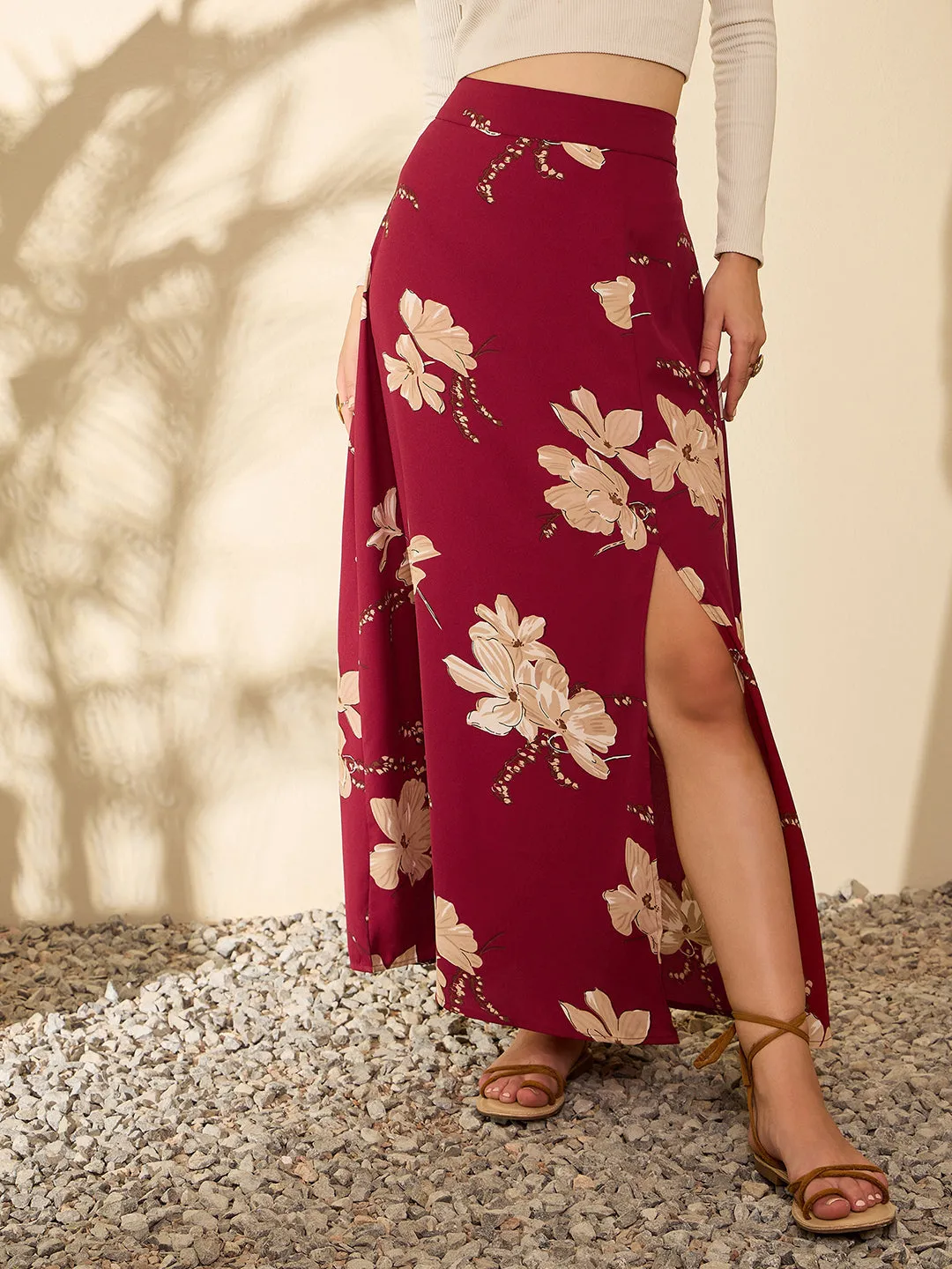 Berrylush Women Maroon & Beige Floral Printed High-Rise Waist Straight Hem Thigh-High Slit A-Line Maxi Skirt