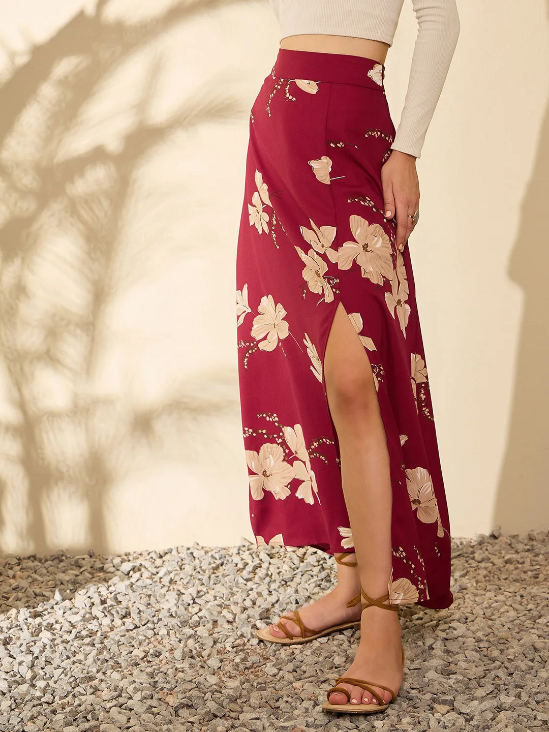 Berrylush Women Maroon & Beige Floral Printed High-Rise Waist Straight Hem Thigh-High Slit A-Line Maxi Skirt