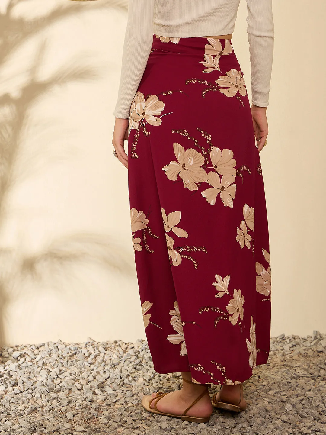 Berrylush Women Maroon & Beige Floral Printed High-Rise Waist Straight Hem Thigh-High Slit A-Line Maxi Skirt