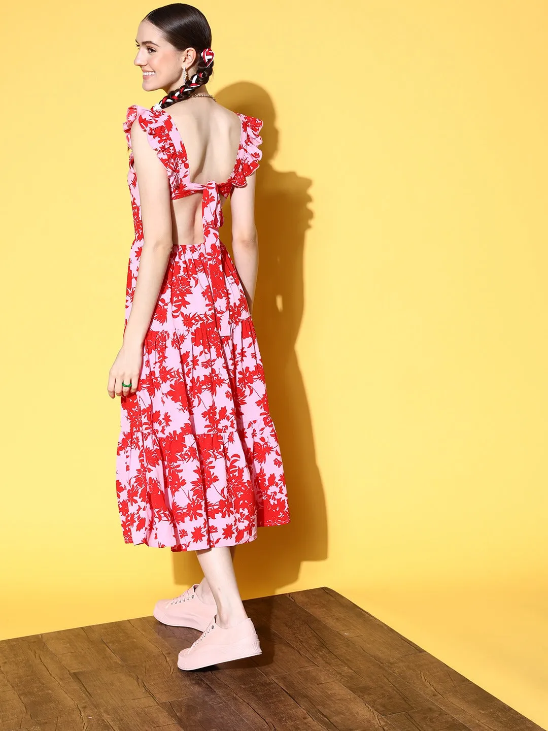 Berrylush Women Pink & Red Tropical Printed Cutout Tie-Up Back Crepe Flared A-Line Maxi Dress