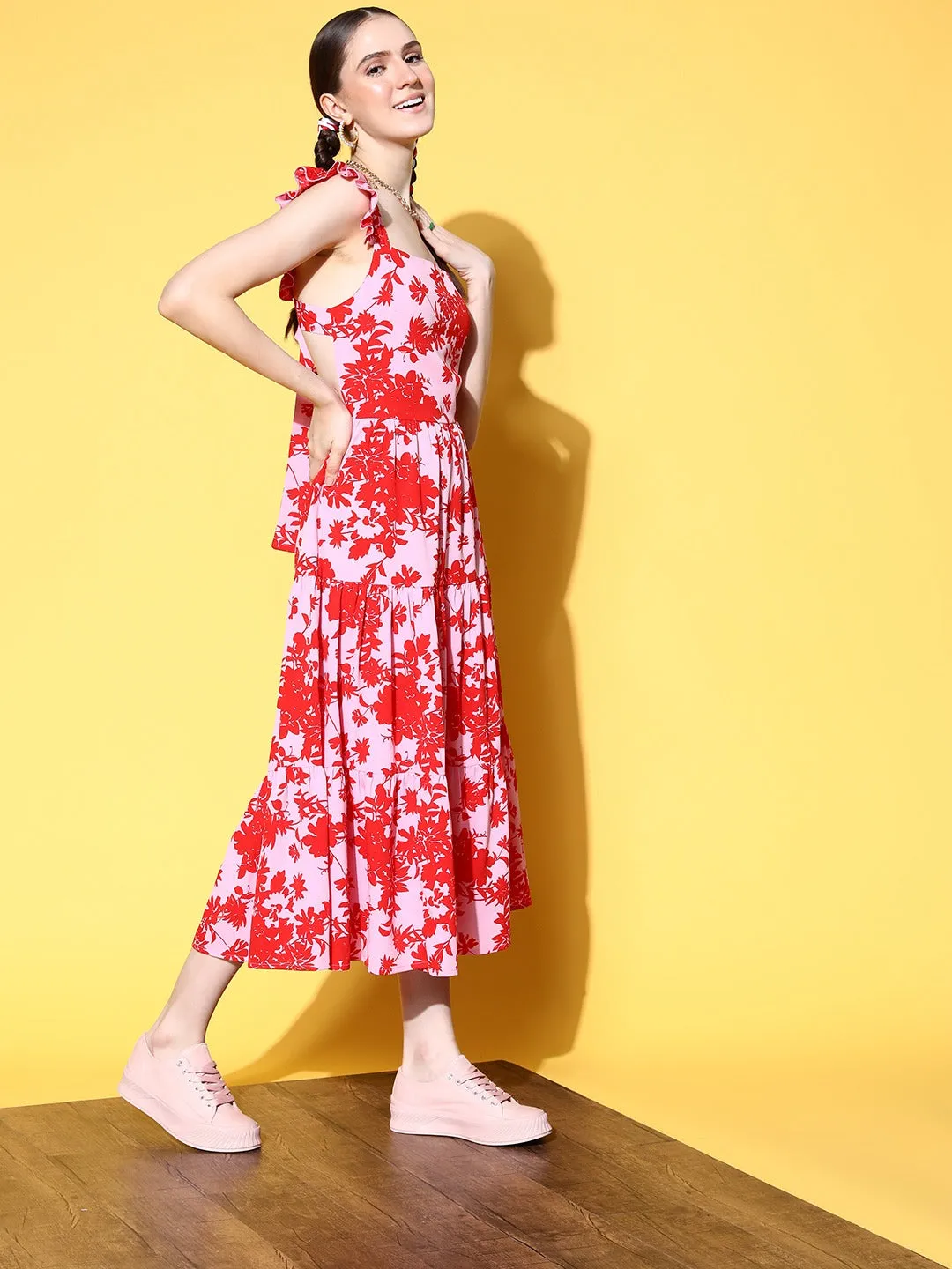 Berrylush Women Pink & Red Tropical Printed Cutout Tie-Up Back Crepe Flared A-Line Maxi Dress