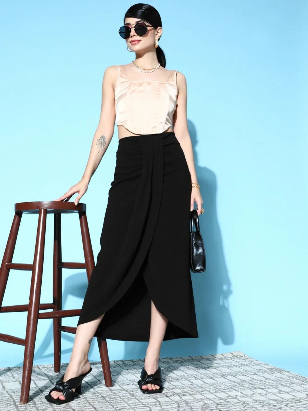 Berrylush Women Solid Black High-Rise Waist Asymmetrical Hem Pleated Maxi Skirt