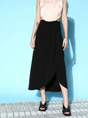 Berrylush Women Solid Black High-Rise Waist Asymmetrical Hem Pleated Maxi Skirt