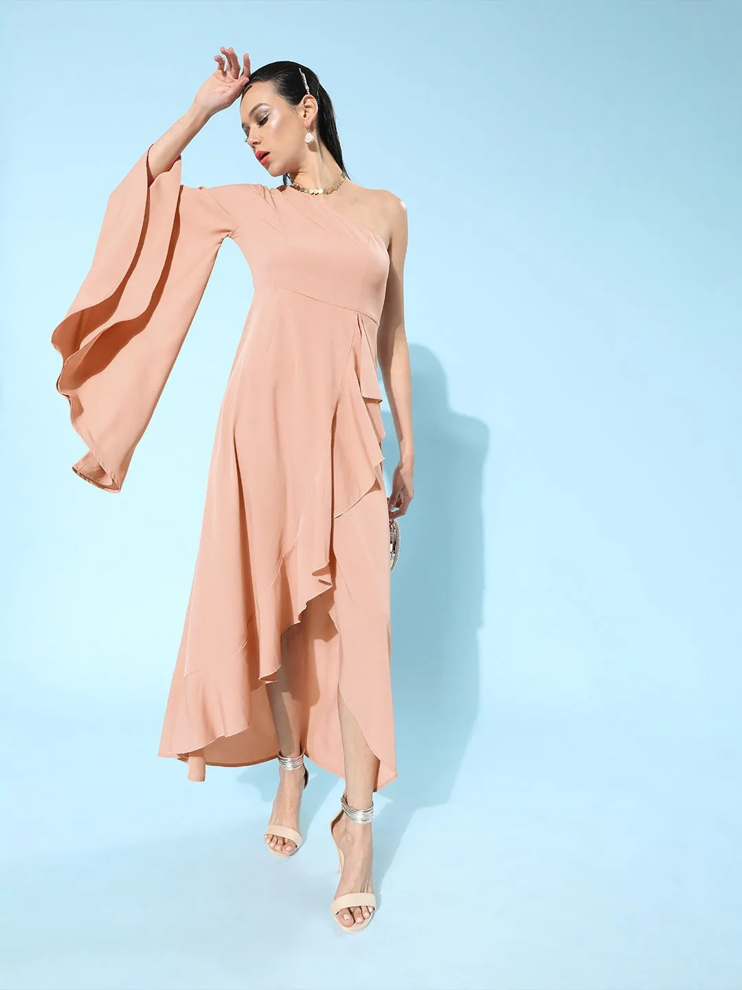 Berrylush Women Solid Pink One-Shoulder Ruffled Asymmetrical A-Line Maxi Dress