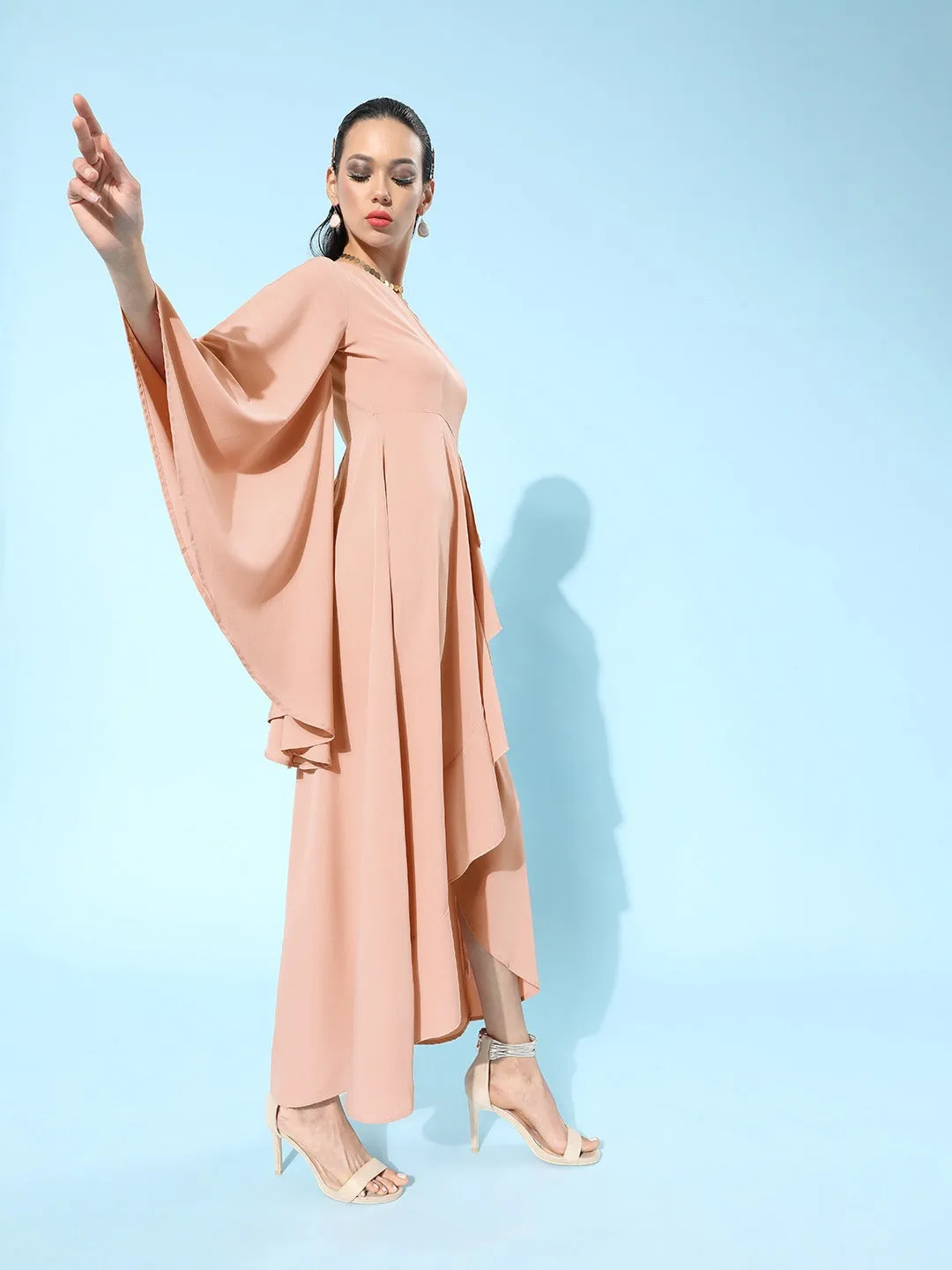 Berrylush Women Solid Pink One-Shoulder Ruffled Asymmetrical A-Line Maxi Dress