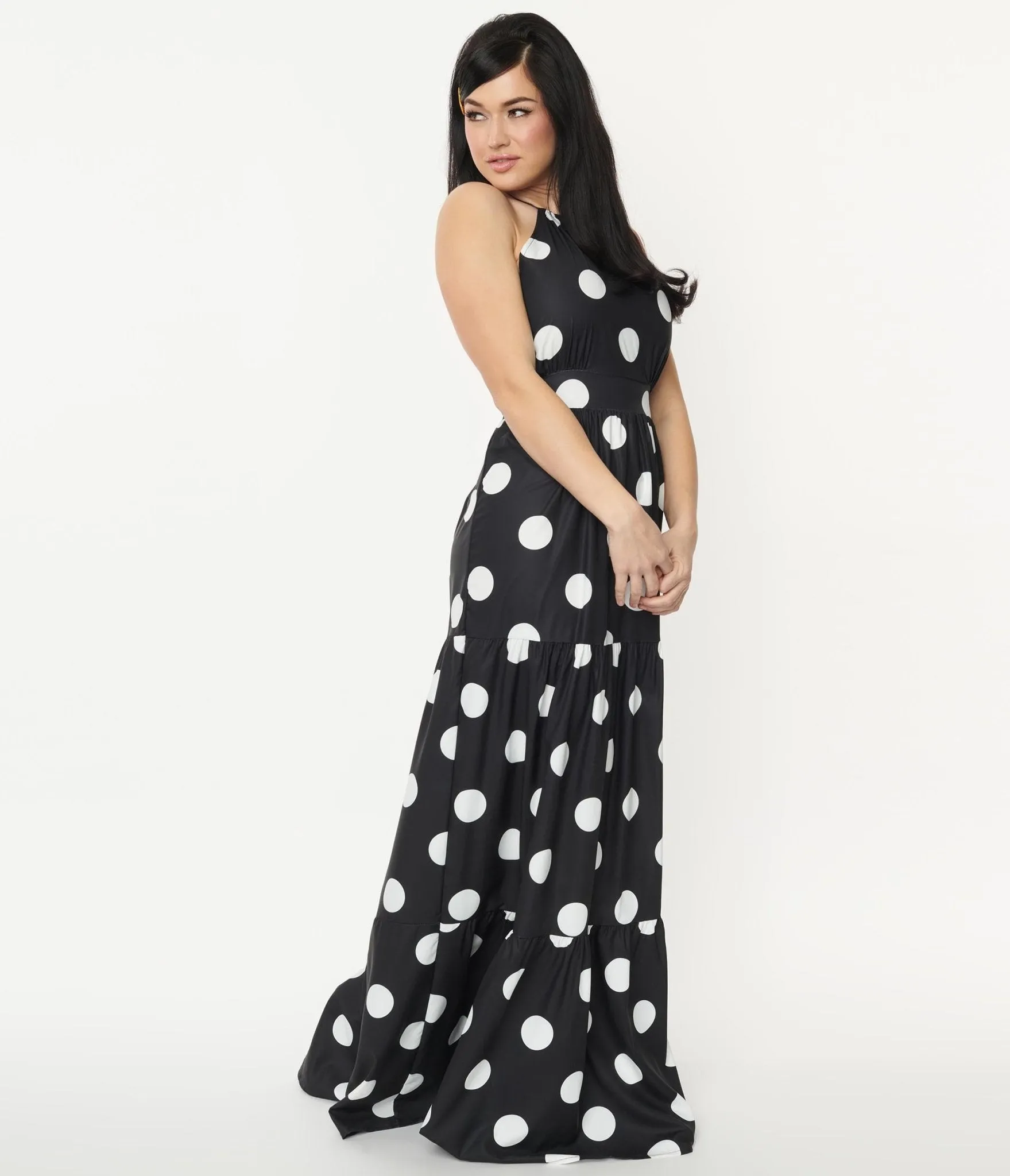 Black & White Polka Dot Halter Maxi Dress