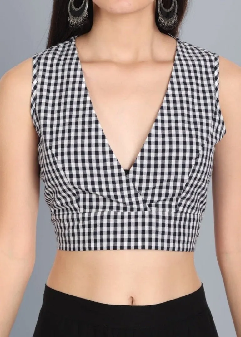 Black and white Check V Neck Blouse