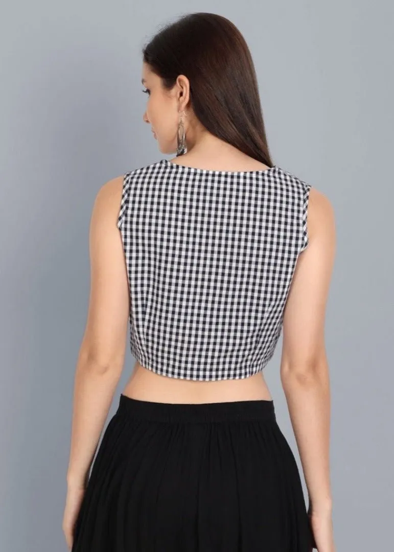 Black and white Check V Neck Blouse