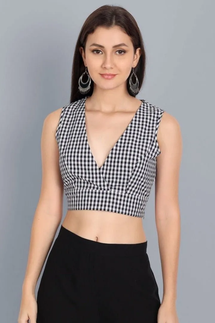 Black and white Check V Neck Blouse