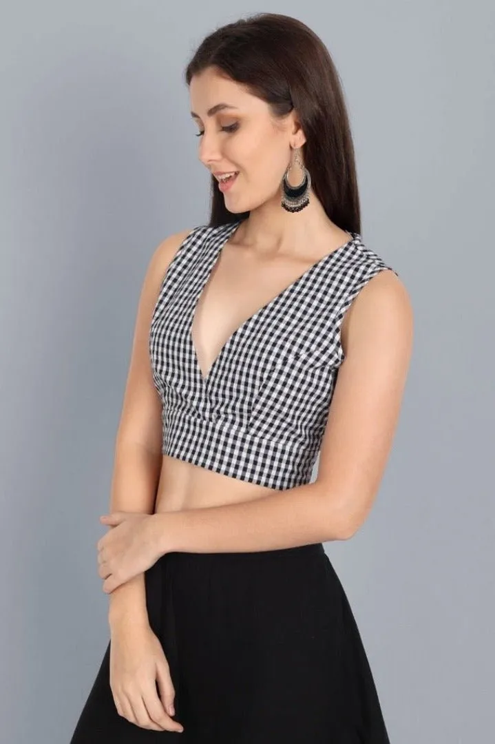 Black and white Check V Neck Blouse