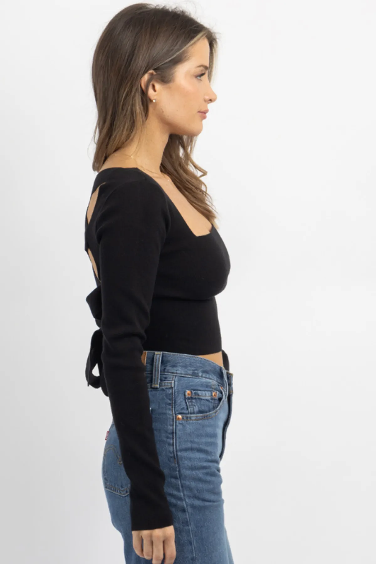 BLACK LONGSLEEVE KNIT TIE-BACK TOP