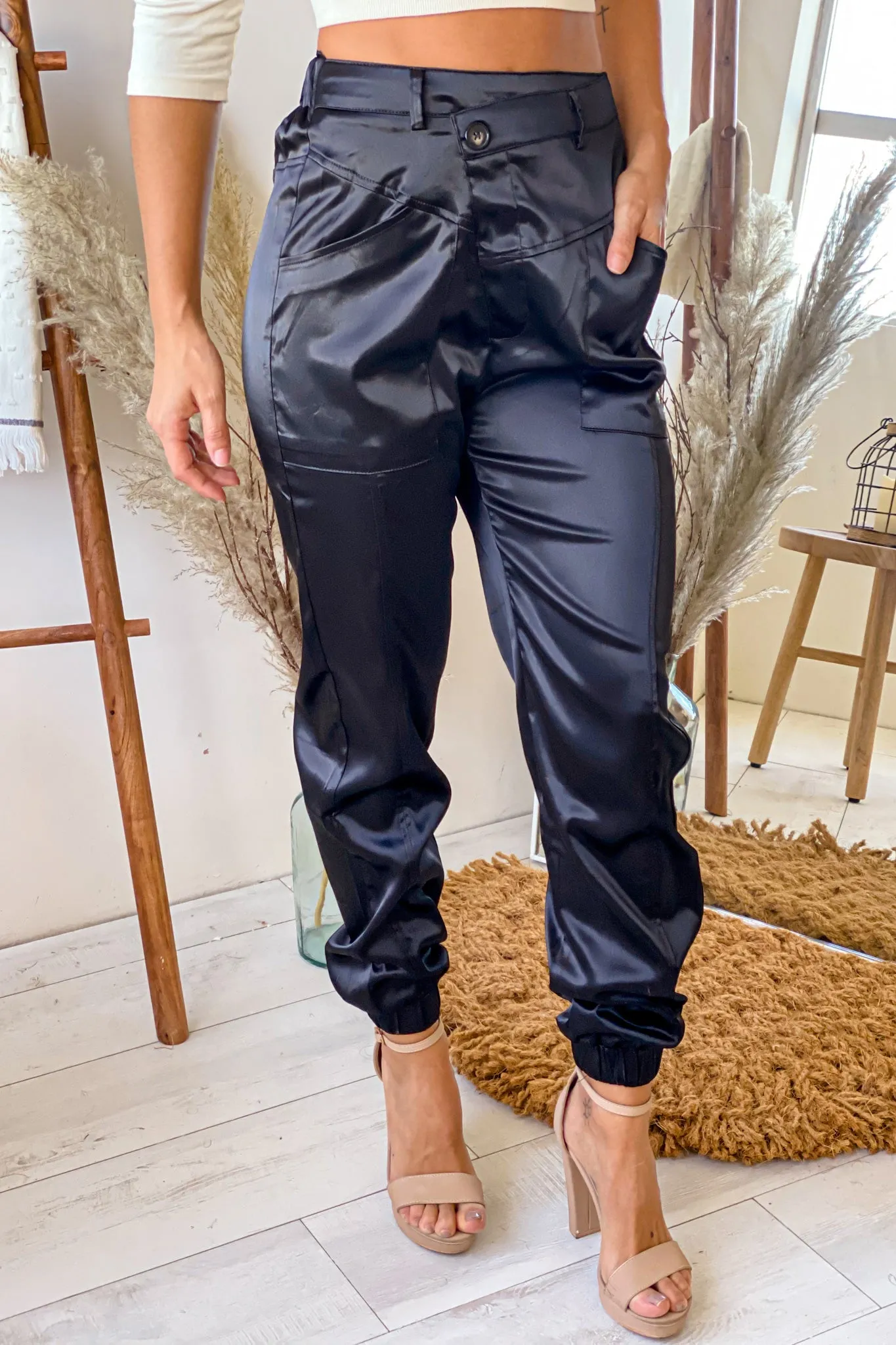 Black Satin Asymmetrical Joggers