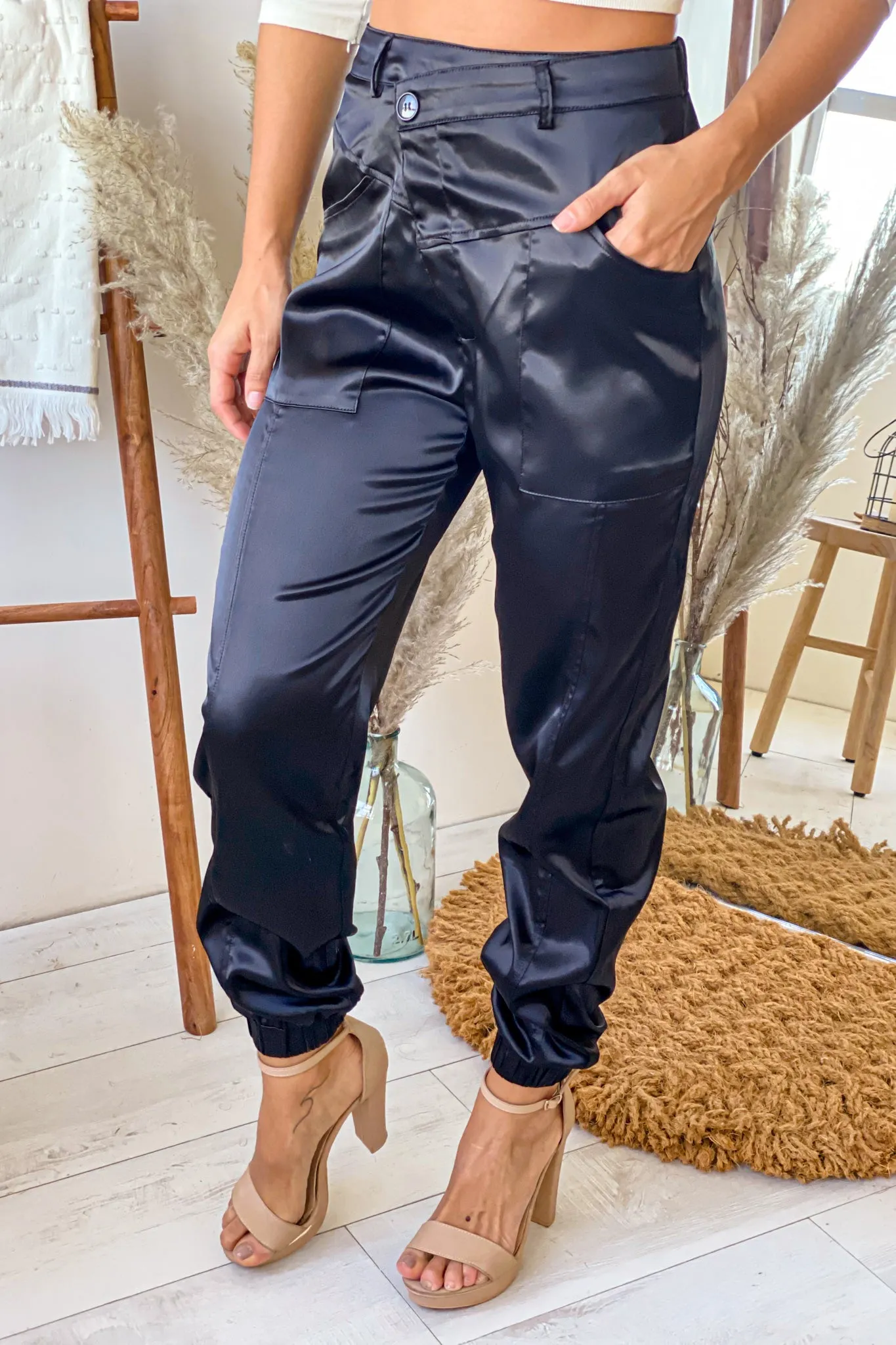 Black Satin Asymmetrical Joggers