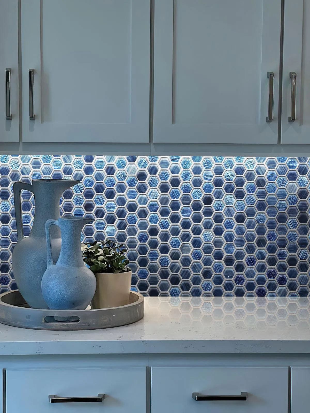 Blue Foil Glossy And Frosted Hexagon Mosaic Tile