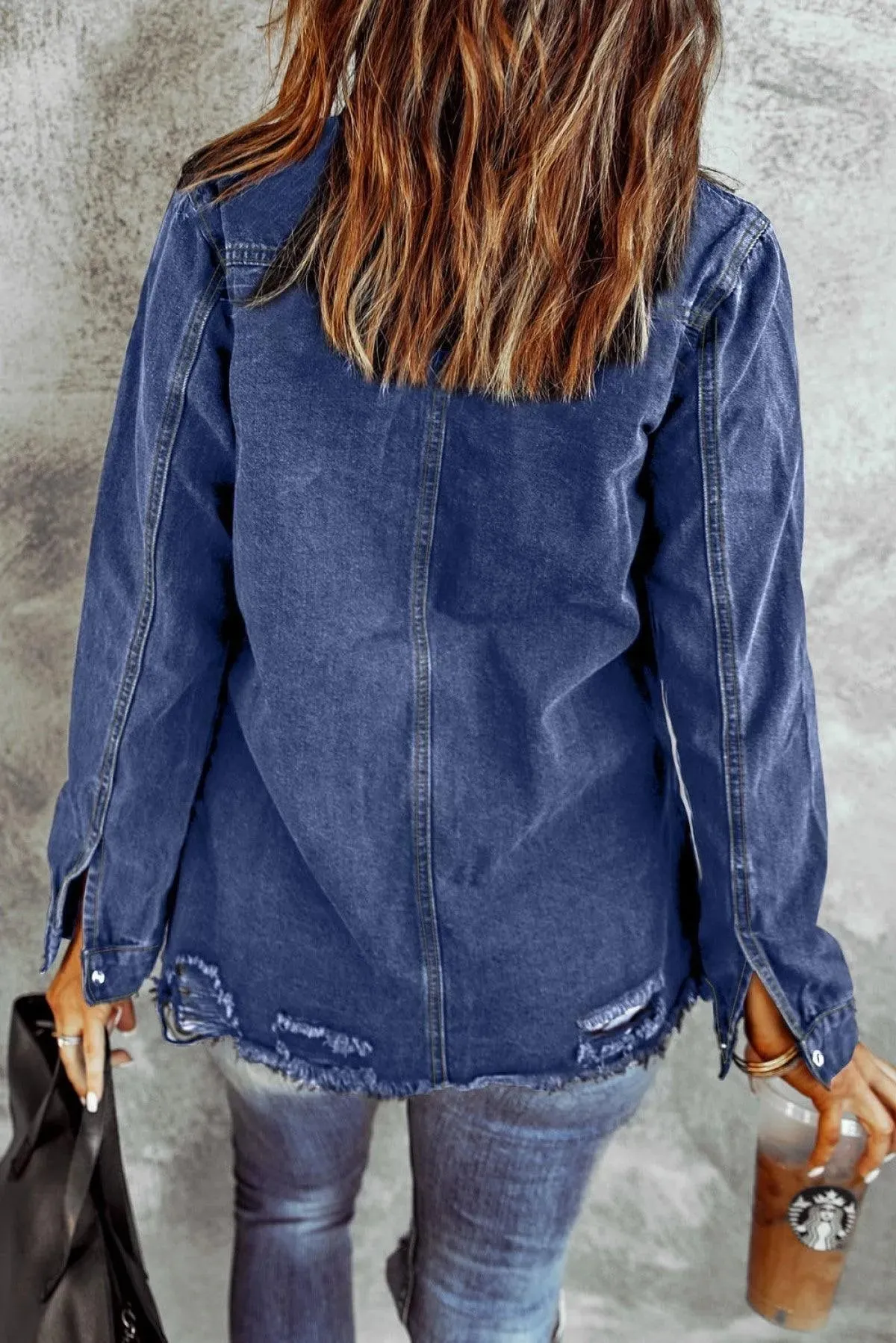 Blue Star Embroidery Distressed Denim Shacket