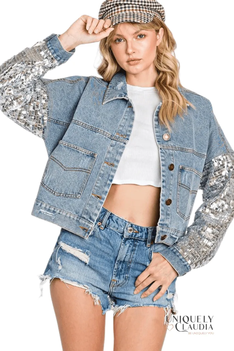 Brittney Sequins Detail Distressed Denim Jacket