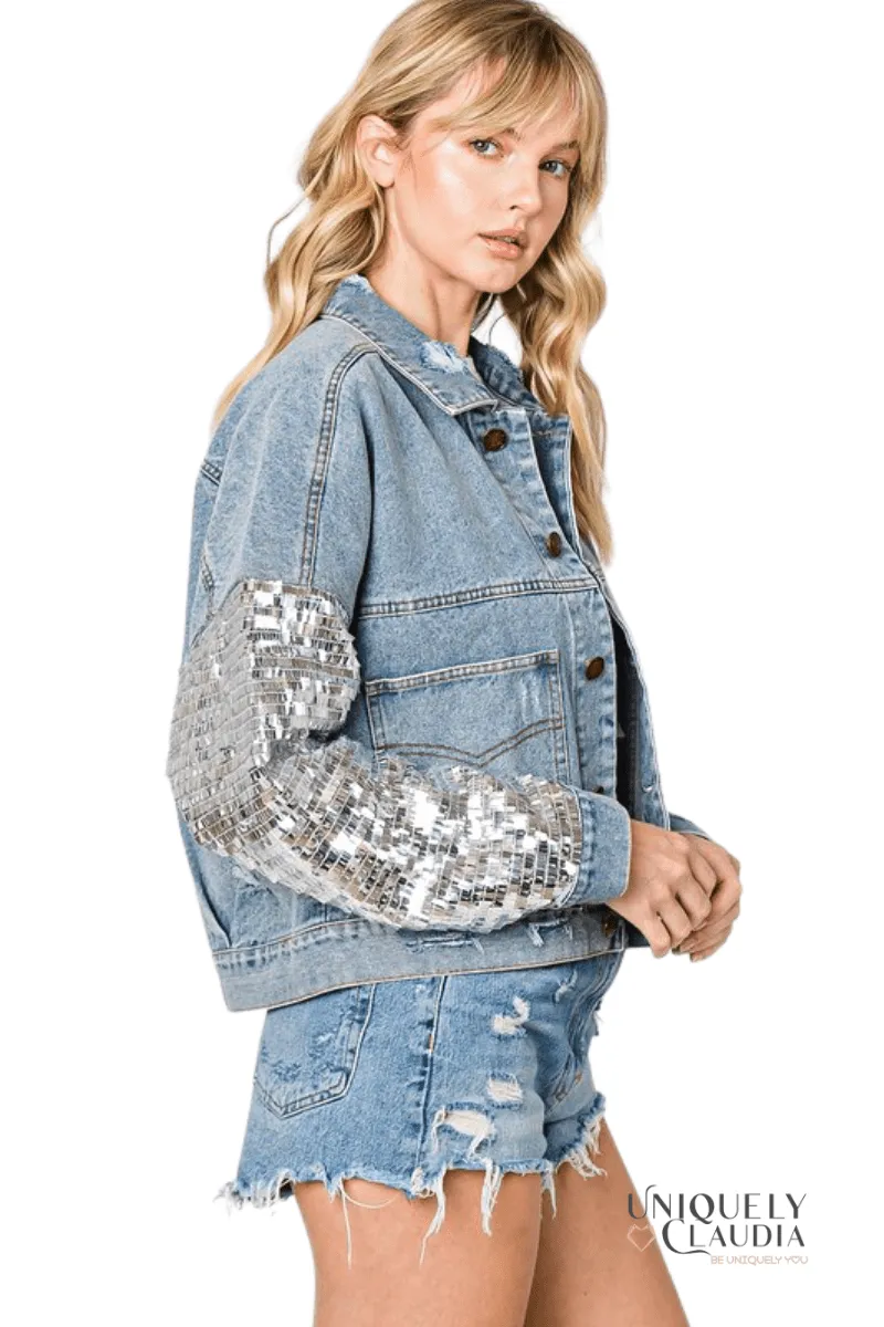 Brittney Sequins Detail Distressed Denim Jacket