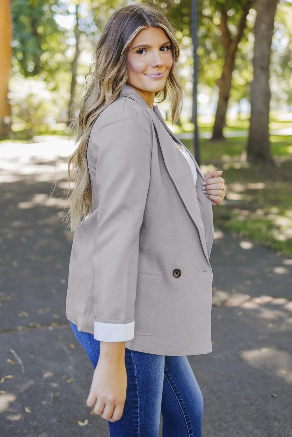 Buttoned Lapel Collar Blazer With Pocket