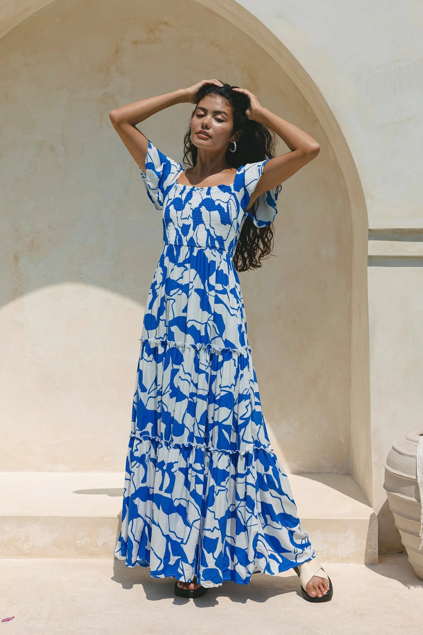 Calypso Blue Abstract Tiered Maxi Dress