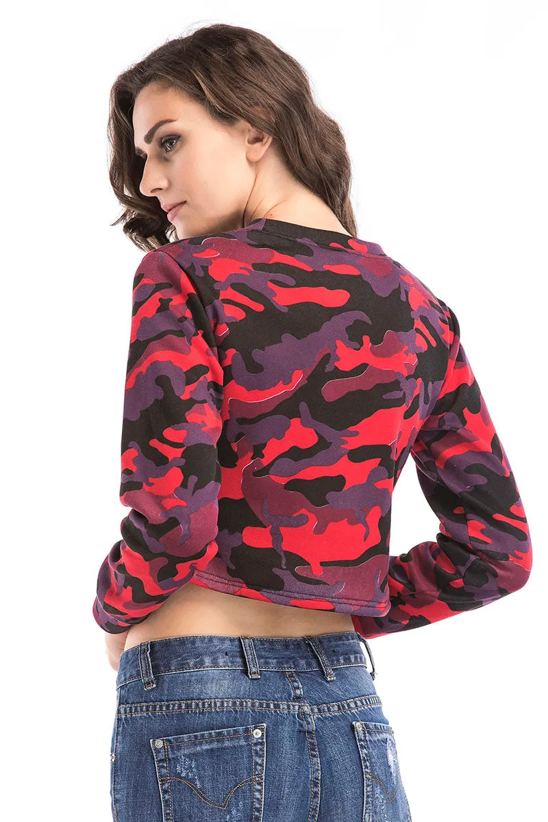 Camouflage Print Crop Pullover Sweatshirt