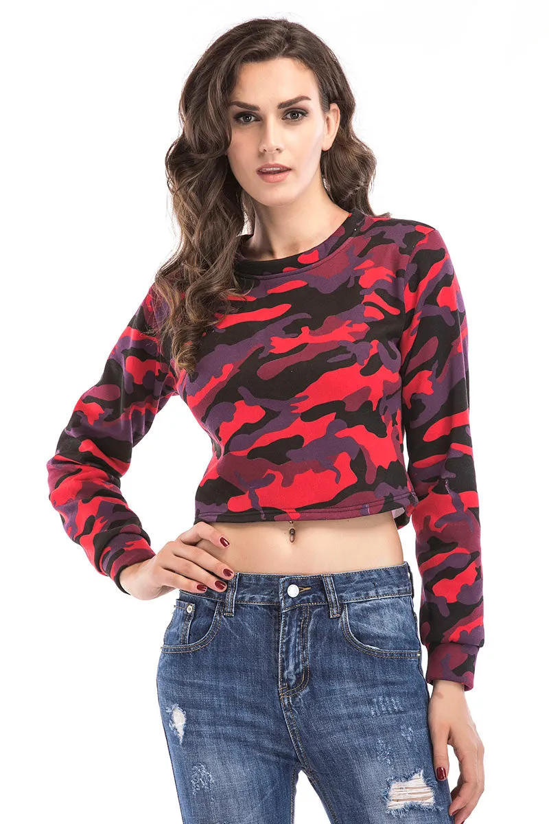 Camouflage Print Crop Pullover Sweatshirt