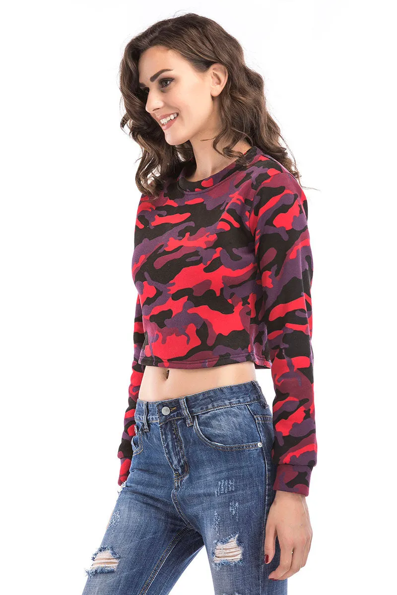 Camouflage Print Crop Pullover Sweatshirt