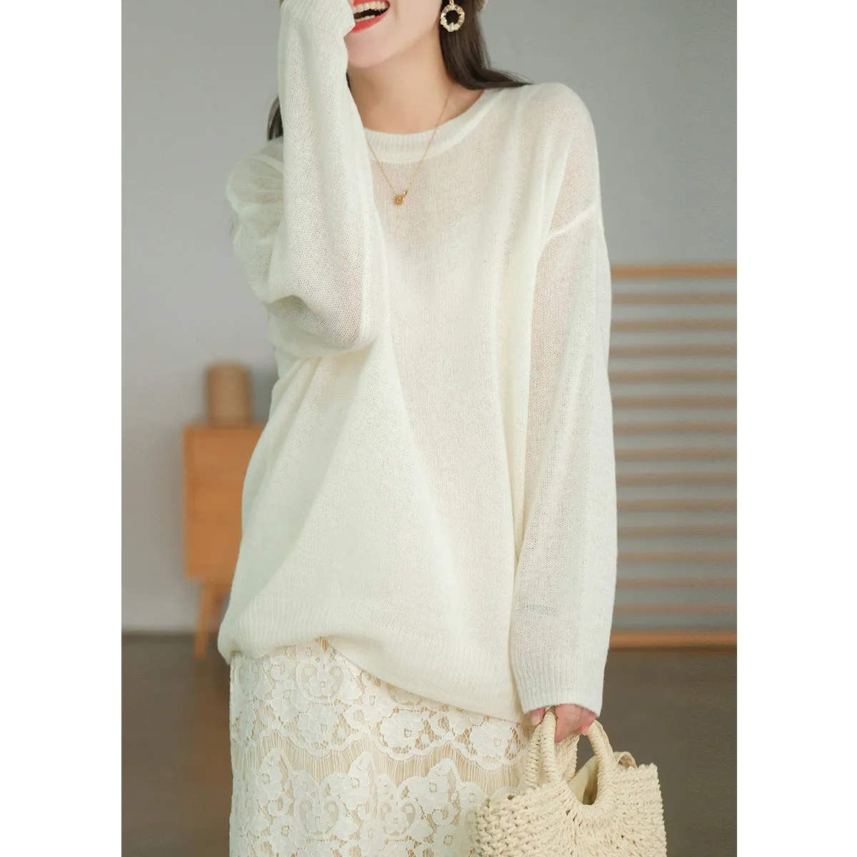 Cashmere White Pullover, Sweater for Women, Crew Neck Long Sleeve Sweater